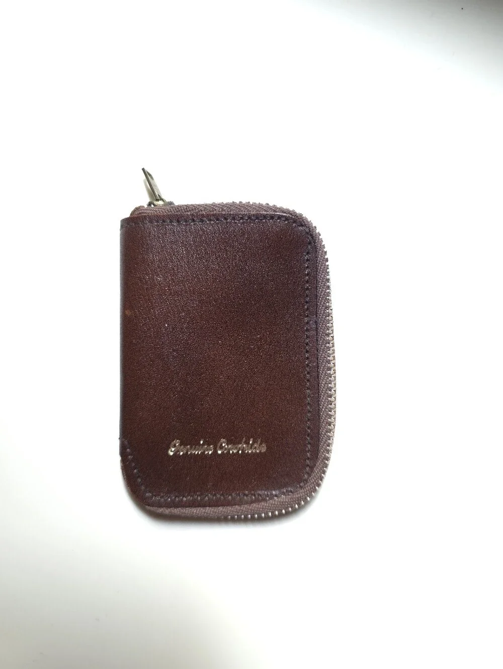 Vintage Genuine Cowhide Leather Key Holder Zip Pouch Brown Unisex Wallet